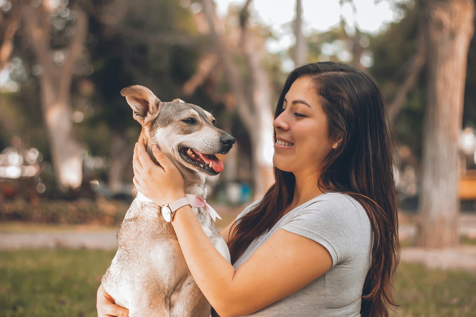 Dueña con perro mestizo en el parque